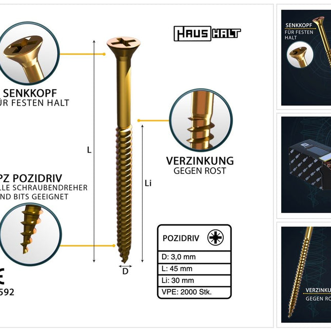 HausHalt Universal Holzbauschraube Holzschraube 3,0 x 45 mm PZ1 2000 Stk. ( 4x 000051371129 ) gelb verzinkt Kreuzschlitz Pozidriv Senkkopf Teilgewinde - Toolbrothers
