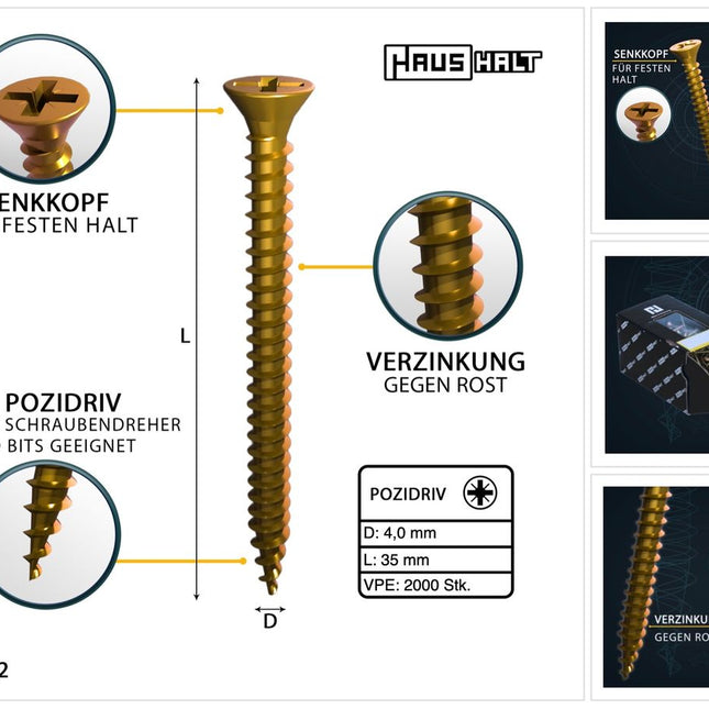 HausHalt Vis universelle pour la construction en bois Vis à bois 4,0 x 35 mm PZ2 2000 pièces (4x 000051371145) galvanisé jaune fente cruciforme Pozidriv tête fraisée filetage complet