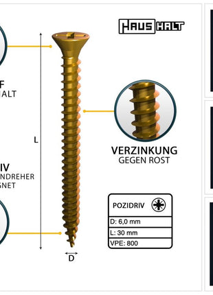 HausHalt Universal Holzbauschraube Holzschraube 6,0 x 30 mm PZ3 800 Stk. ( 4x 000051371225 ) gelb verzinkt Kreuzschlitz Pozidriv Senkkopf Vollgewinde - Toolbrothers