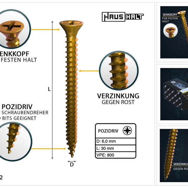 HausHalt Universal Holzbauschraube Holzschraube 6,0 x 30 mm PZ3 800 Stk. ( 4x 000051371225 ) gelb verzinkt Kreuzschlitz Pozidriv Senkkopf Vollgewinde - Toolbrothers