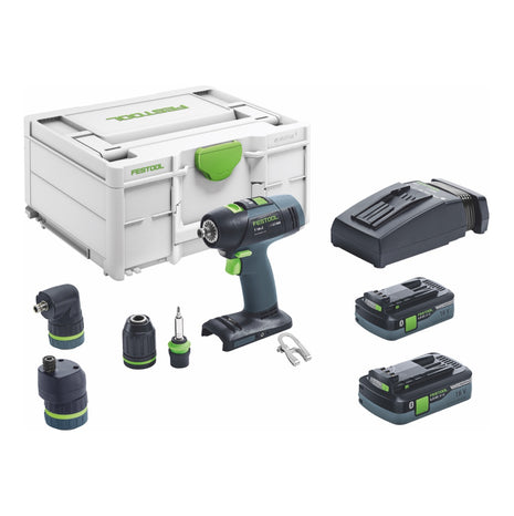 Festool T 18+3 HPC 4.0 I-Set Perceuse-visseuse sans fil 18 V 50 Nm brushless (576989) + 2x Batteries 4,0 Ah + Chargeur + Accessoire excentrique + Accessoire d'angle + Coffret