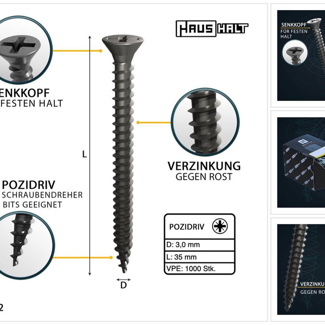 HausHalt Vis à bois universelle 3,0 x 35 mm PZ1 - 1000 pièces (2x 000051371099)