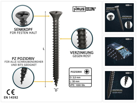 HausHalt Tornillo universal para construcción de madera tornillo para madera 3,0 x 35 mm PZ1 1000 piezas (2x 000051371099) plateado galvanizado ranura en cruz Pozidriv cabeza avellanada rosca completa