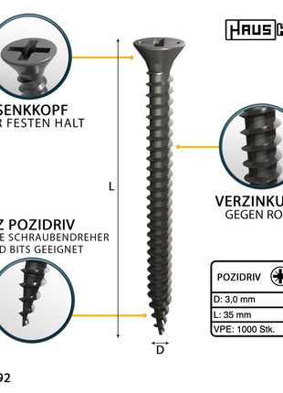 HausHalt Tornillo universal para construcción de madera tornillo para madera 3,0 x 35 mm PZ1 1000 piezas (2x 000051371099) plateado galvanizado ranura en cruz Pozidriv cabeza avellanada rosca completa