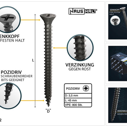 HausHalt Universal Holzbauschraube Holzschraube 3,5 x 45 mm PZ2 800 Stk. ( 2x 000051371108 ) silber verzinkt Kreuzschlitz Pozidriv Senkkopf Vollgewinde - Toolbrothers