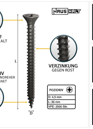 HausHalt Universal Holzbauschraube Holzschraube 4,5 x 35 mm PZ2 2000 Stk. ( 4x 000051371164 ) silber verzinkt Kreuzschlitz Pozidriv Senkkopf Vollgewinde - Toolbrothers