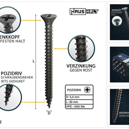 HausHalt Universal Holzbauschraube Holzschraube 5,0 x 30 mm PZ2 1000 Stk. ( 2x 000051371189 ) silber verzinkt Kreuzschlitz Pozidriv Senkkopf Vollgewinde - Toolbrothers