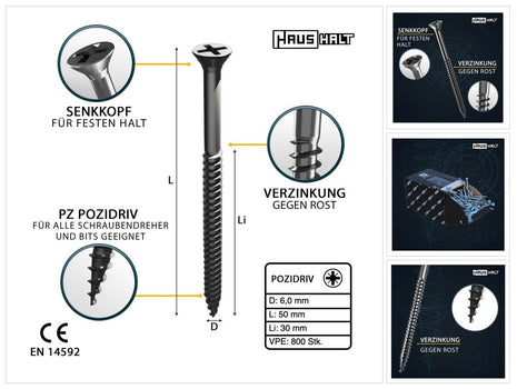 HausHalt Universal Holzbauschraube Holzschraube 6,0 x 50 mm PZ3 800 Stk. ( 4x 000051371227 ) silber verzinkt Kreuzschlitz Pozidriv Senkkopf Teilgewinde - Toolbrothers