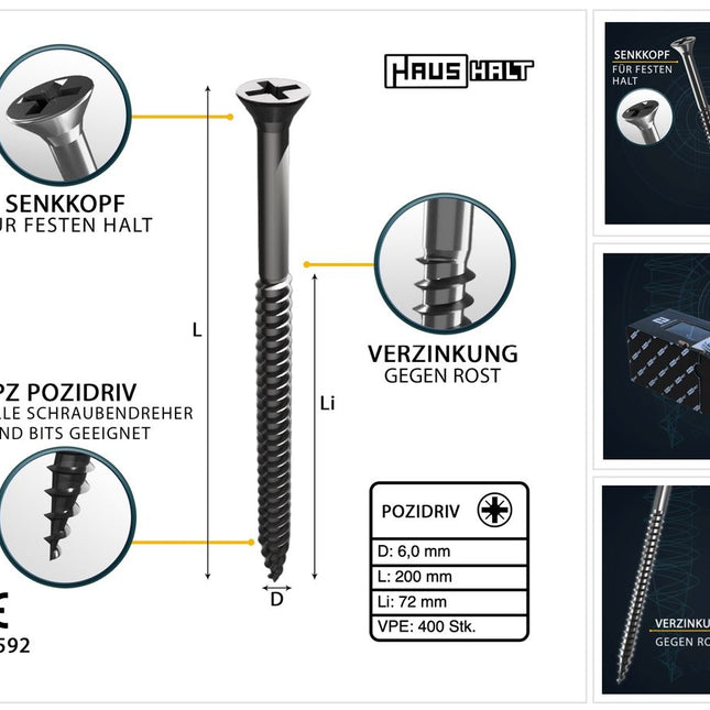 HausHalt Universal Holzbauschraube Holzschraube 6,0 x 200 mm PZ3 400 Stk. ( 4x 000051371223 ) silber verzinkt Kreuzschlitz Pozidriv Senkkopf Teilgewinde - Toolbrothers