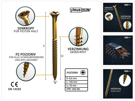 HausHalt Universal Holzbauschraube Holzschraube 6,0 x 140 mm PZ3 200 Stk. ( 2x 000051371217 ) gelb verzinkt Kreuzschlitz Pozidriv Senkkopf Teilgewinde - Toolbrothers