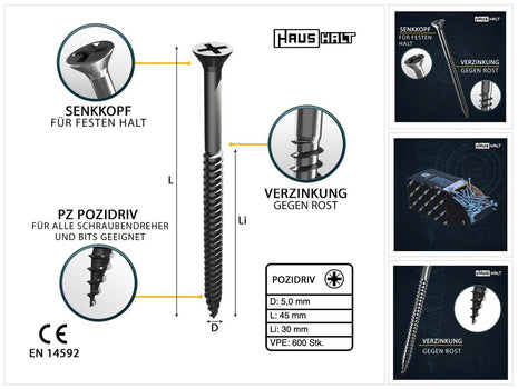 HausHalt Universal Holzbauschraube Holzschraube 5,0 x 45 mm PZ2 600 Stk. ( 2x 000051371196 ) silber verzinkt Kreuzschlitz Pozidriv Senkkopf Teilgewinde - Toolbrothers