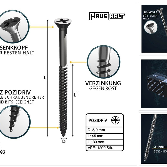 HausHalt Universal Holzbauschraube Holzschraube 5,0 x 45 mm PZ2 1200 Stk. ( 4x 000051371196 ) silber verzinkt Kreuzschlitz Pozidriv Senkkopf Teilgewinde - Toolbrothers