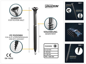 HausHalt Vis à bois universelle 5,0x45mm - PZ2 - Zinguée argentée - Cruciforme Pozidriv - Tête fraisée - Filetage partiel - 1200 pcs. (4x 000051371196)