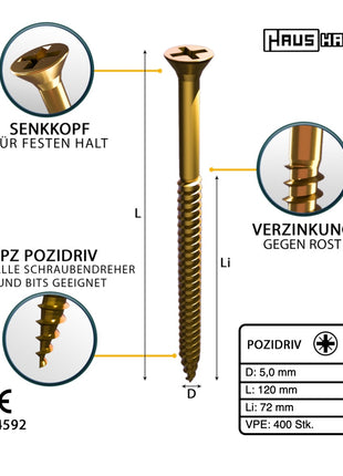 HausHalt Universal Holzbauschraube Holzschraube 5,0 x 120 mm PZ2 400 Stk. ( 4x 000051371186 ) gelb verzinkt Kreuzschlitz Pozidriv Senkkopf Teilgewinde - Toolbrothers