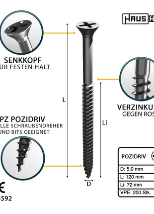 HausHalt Universal Holzbauschraube Holzschraube 5,0 x 120 mm PZ2 200 Stk. ( 2x 000051371185 ) silber verzinkt Kreuzschlitz Pozidriv Senkkopf Teilgewinde - Toolbrothers