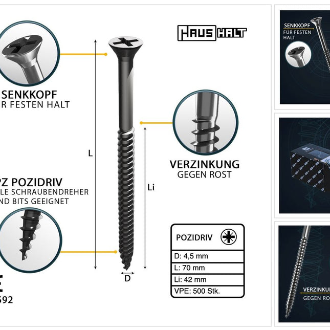 HausHalt Universal Holzbauschraube Holzschraube 4,5 x 70 mm PZ2 500 Stk. ( 2x 000051371177 ) silber verzinkt Kreuzschlitz Pozidriv Senkkopf Teilgewinde - Toolbrothers