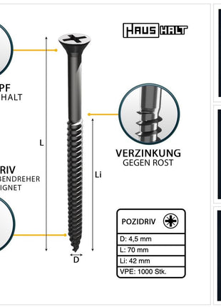 HausHalt Universal Holzbauschraube Holzschraube 4,5 x 70 mm PZ2 1000 Stk. ( 4x 000051371177 ) silber verzinkt Kreuzschlitz Pozidriv Senkkopf Teilgewinde - Toolbrothers