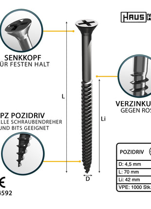 HausHalt Universal Holzbauschraube Holzschraube 4,5 x 70 mm PZ2 1000 Stk. ( 4x 000051371177 ) silber verzinkt Kreuzschlitz Pozidriv Senkkopf Teilgewinde - Toolbrothers