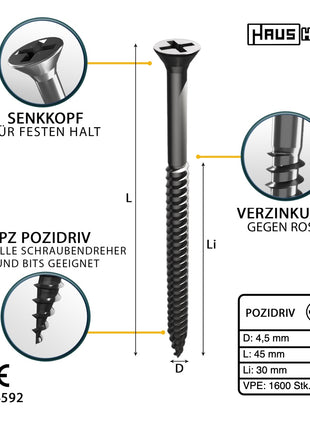 HausHalt Universal Holzbauschraube Holzschraube 4,5 x 45 mm PZ2 1600 Stk. ( 4x 000051371170 ) silber verzinkt Kreuzschlitz Pozidriv Senkkopf Teilgewinde - Toolbrothers