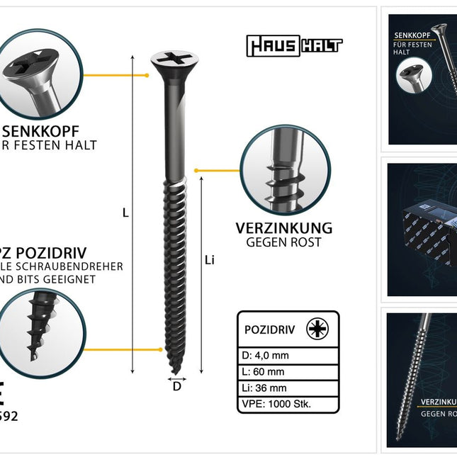HausHalt Vis à bois universelle 4,0 x 60 mm PZ2 - 1000 pièces (4x 000051371154)