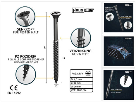 HausHalt Tornillo universal para construcción de madera tornillo para madera 4,0 x 60 mm PZ2 1000 piezas (4x 000051371154) galvanizado plateado ranura transversal Pozidriv cabeza avellanada rosca parcial