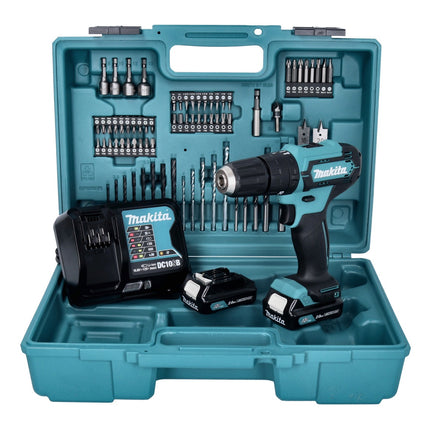 Makita HP 333 DSAX1 Perceuse-visseuse à percussion sans fil 12 V 30 Nm + 2x batterie 2,0 Ah + chargeur + 74 pcs. kit embouts et forets + coffret
