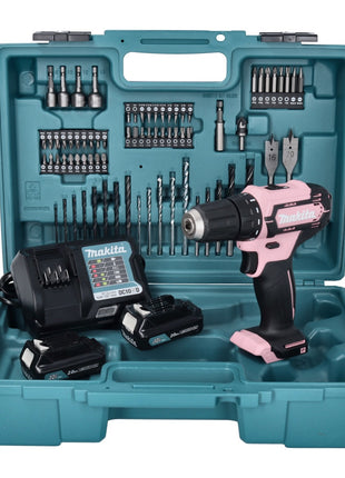 Makita DF 333 DWAP2 taladro atornillador inalámbrico 12 V 30 Nm rosa + 2x baterías 2,0 Ah + cargador + set de accesorios + estuche