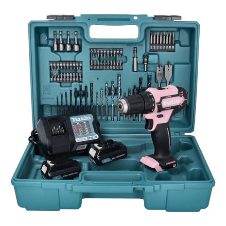 Makita DF 333 DWAP2 taladro atornillador inalámbrico 12 V 30 Nm rosa + 2x baterías 2,0 Ah + cargador + set de accesorios + estuche