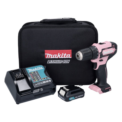 Makita DF 333 DSAP1 perceuse-visseuse sans fil 12 V 30 Nm rose + 1x batterie 2,0 Ah + chargeur + sac