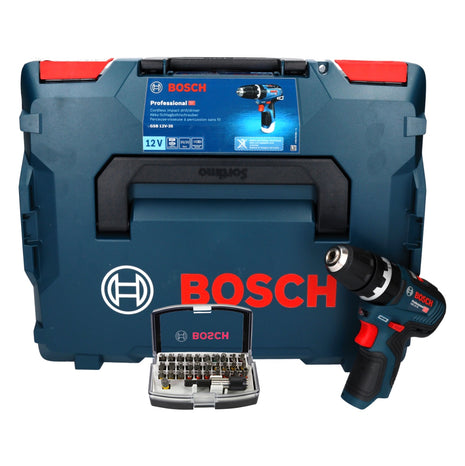 Bosch GSB 12V-35 Professional perceuse à percussion sans fil 12 V 35 Nm sans balais + jeu d'embouts 32 pièces + L-Boxx - sans batterie, sans chargeur