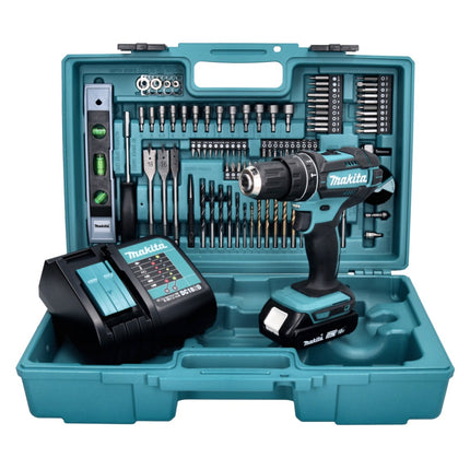Makita DHP 482 SAX5 Perceuse-visseuse à percussion sans fil 18 V 62 Nm + 1x batterie 2,0 Ah + chargeur + 101 pcs. kit accessoires + coffret