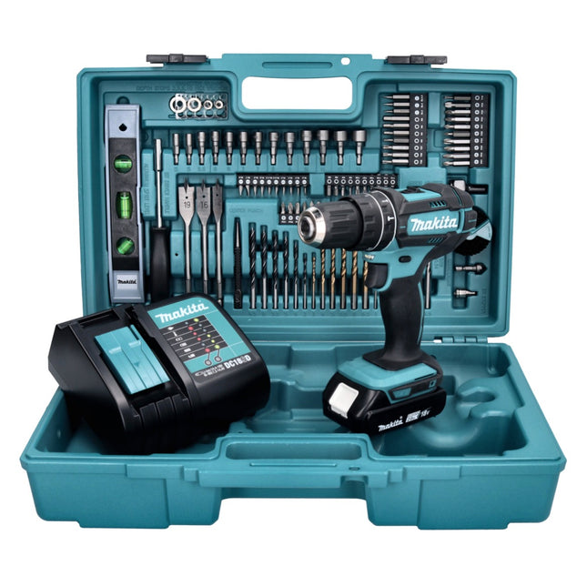 Makita DHP 482 SAX5 Perceuse-visseuse à percussion sans fil 18 V 62 Nm + 1x batterie 2,0 Ah + chargeur + 101 pcs. kit accessoires + coffret