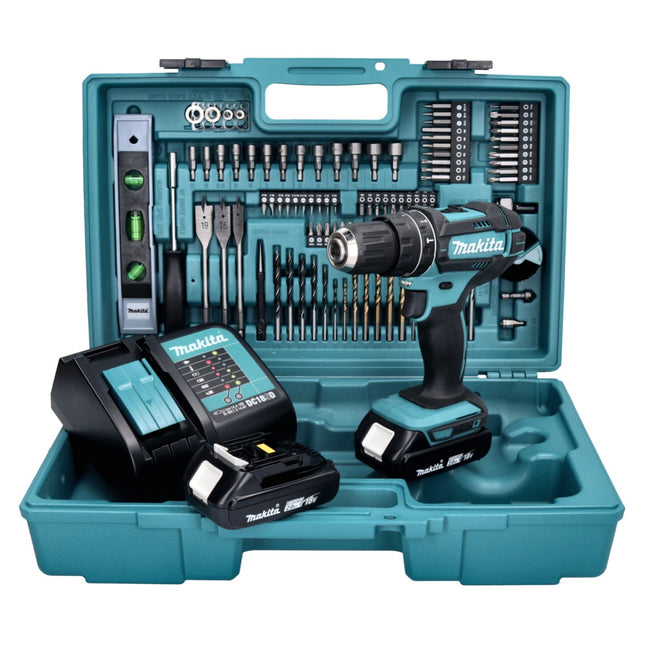 Makita DHP 482 SA2X5 Perceuse-visseuse à percussion sans fil 18 V 62 Nm + 2x batterie 2,0 Ah + chargeur + 101 pcs. kit accessoires + coffret