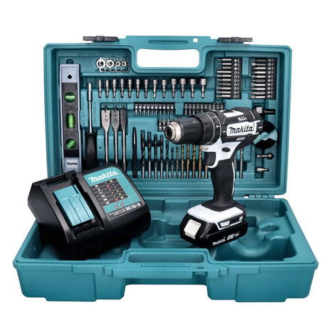 Makita DHP 482 SAX5W perceuse à percussion sans fil blanc 18 V 62 Nm + 1x batterie 2,0 Ah + chargeur + jeu d'accessoires 101 pièces + mallette