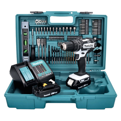 Makita DHP 482 SA2X5W Akku Schlagbohrschrauber weiß 18 V 62 Nm + 2x Akku 2,0 Ah + Ladegerät + 101 tlg. Zubehör Set + Koffer