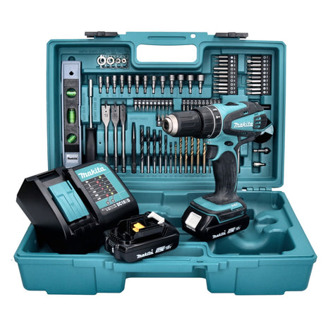 Makita DHP 456 SA2X5 perceuse à percussion sans fil 18 V 50 Nm + 2 batteries 2,0 Ah + chargeur + jeu d'accessoires 101 pièces + mallette