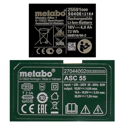 Metabo Set de base 2x bloc batterie Li-Power 18 V 4,0 Ah CAS Li-Ion + chargeur ASC 55 ( 685050000 )