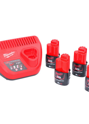 Kit de démarrage de batterie Milwaukee M12 NRG-304 4x batterie Li-Ion 12 V 3,0 Ah / 3000 mAh (4x 4932451388) + chargeur M12-C12C (4932352000)