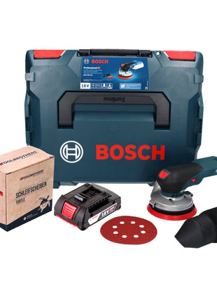 Bosch GEX 18V-125 Ponceuse excentrique professionnelle sur batterie 18 V 125 mm sans balais + 1x batterie 2,0 Ah + 1x kit de ponçage Toolbrothers TURTLE + L-BOXX - sans chargeur