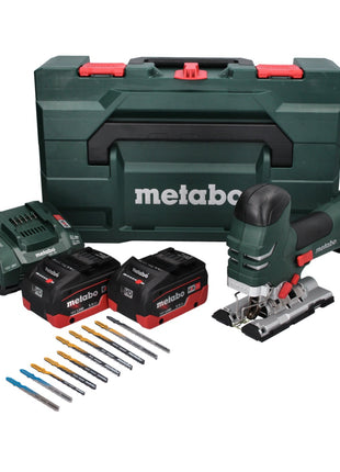 Scie sauteuse sur batterie Metabo STA 18 LTX 140 18 V + 2 batteries 5,5 Ah + chargeur + jeu de 10 lames de scie sauteuse + métaBOX