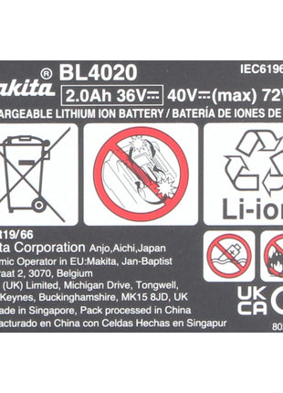 Batterie Makita BL 4020 Li-Ion 40 V max. 2,0 Ah XGT (191L29-0) Classe de protection IP64 avec affichage LED