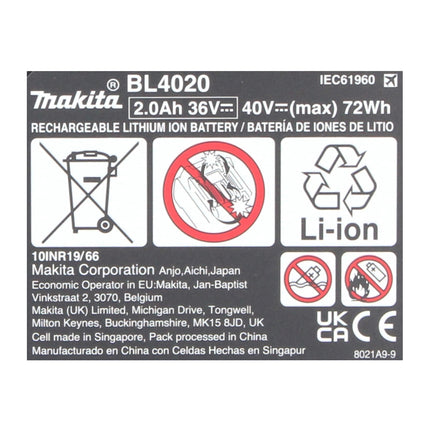 Jeu de batteries Makita 4x batterie Li-Ion BL 4020 40 V max. 2,0 Ah XGT (4x 191L29-0) classe de protection IP64 avec affichage LED