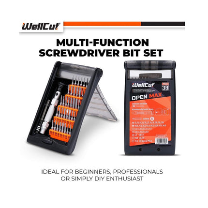 Jeu d'embouts de tournevis multi-usages de précision WellCut avec tige de rallonge de 60 mm, manche en aluminium de 94 mm, 38 pièces ( WC-MPS38U )