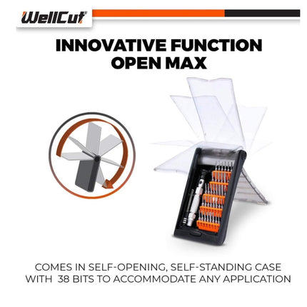 Jeu d'embouts de tournevis multi-usages de précision WellCut avec tige de rallonge de 60 mm, manche en aluminium de 94 mm, 38 pièces ( WC-MPS38U )