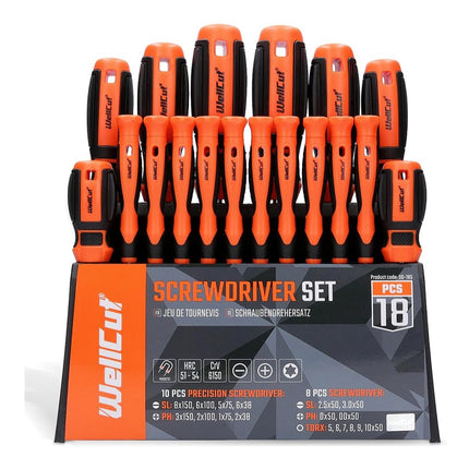 Jeu de 18 tournevis WellCut Tournevis magnétique de précision à rotation libre Acier à outils Cr-V trempé (‎WC-SD18S)