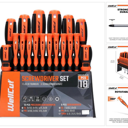 Jeu de 18 tournevis WellCut Tournevis magnétique de précision à rotation libre Acier à outils Cr-V trempé (‎WC-SD18S)