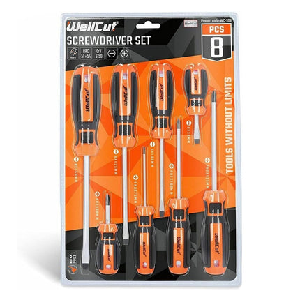 Jeu de tournevis magnétiques WellCut, 8 pièces, embouts cruciformes et à fente, acier au chrome-vanadium, avec poignées souples Soft-Grip ( WC-SD8 )