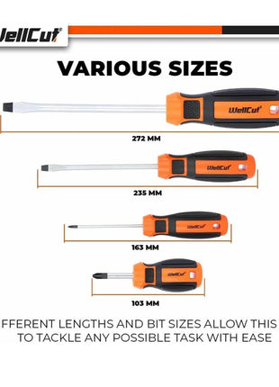 WellCut Juego de destornilladores magnéticos, 8 piezas, puntas ranuradas Phillips, acero al cromo vanadio con mangos de agarre suave (WC-SD8)