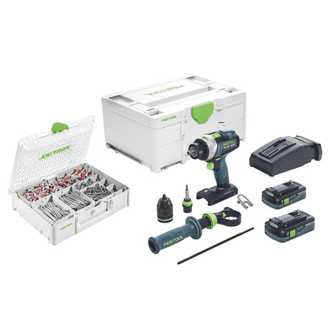 Festool TPC 18/4 Akku Schlagbohrschrauber 18 V 75 Nm Brushless + 2x Akku 4,0 Ah + Ladegerät + 650 tlg. Schrauben und Dübel Sortiment + Systainer - Toolbrothers