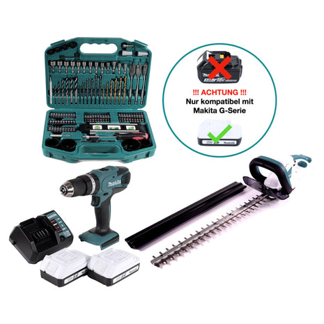 Makita HP 457 DWE Perceuse-visseuse à percussion sans fil 18V + UH 522 DZ Taille-haies sans fil 52cm 18V (série G) + 2 x Batteries 1,5Ah + Chargeur + Set 74 pcs.